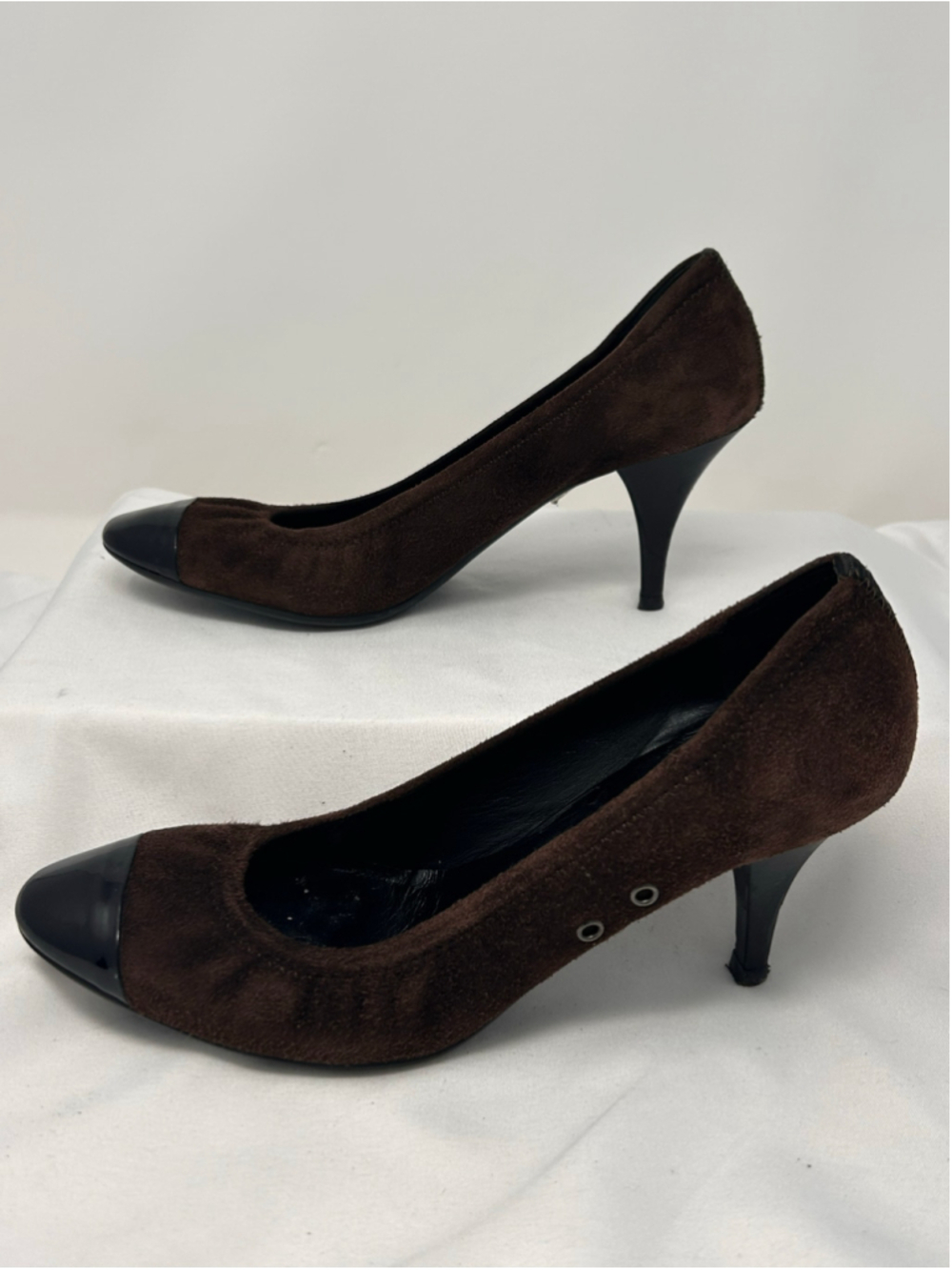Prada Vintage Brown Suede Black Patent Cap Toe Pumps Size 36